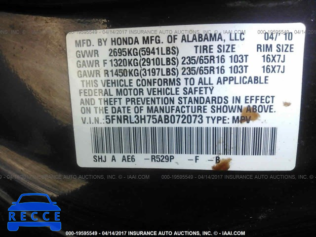 2010 Honda Odyssey 5FNRL3H75AB072073 image 8