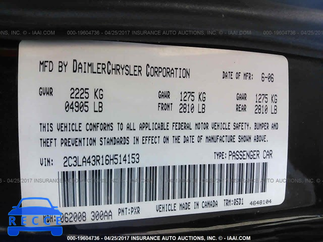 2006 CHRYSLER 300 2C3LA43R16H514153 зображення 8