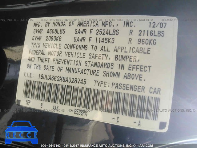 2008 Acura TL 19UUA662X8A028745 image 8