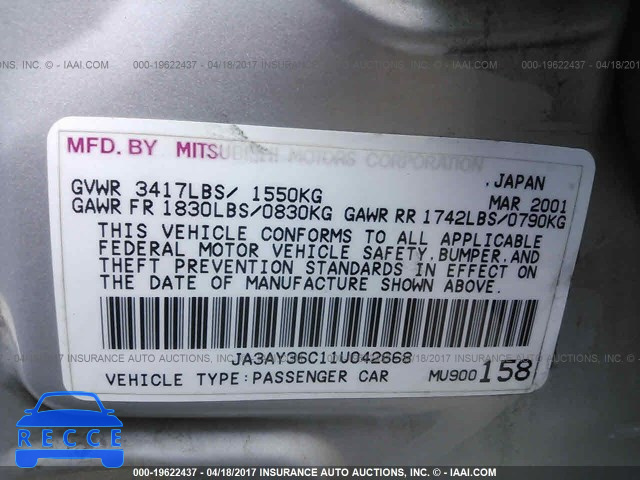 2001 MITSUBISHI MIRAGE JA3AY36C11U042668 image 8