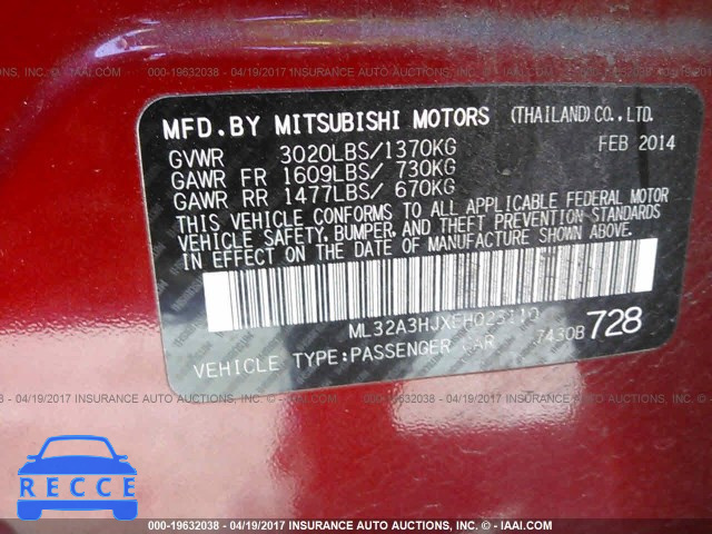 2014 Mitsubishi Mirage DE ML32A3HJXEH023110 image 8