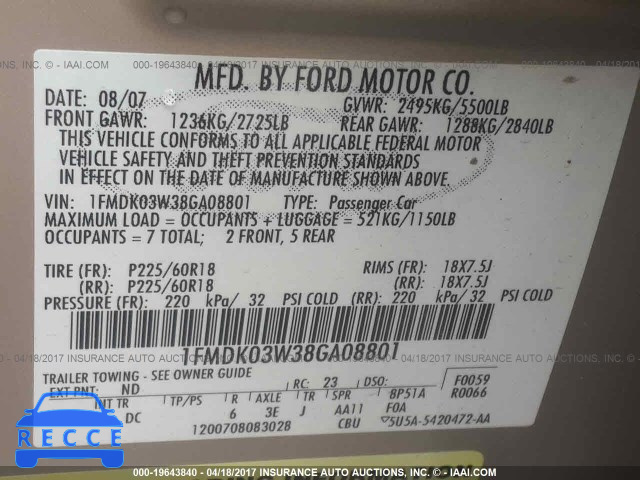 2008 Ford Taurus X LIMITED 1FMDK03W38GA08801 зображення 8