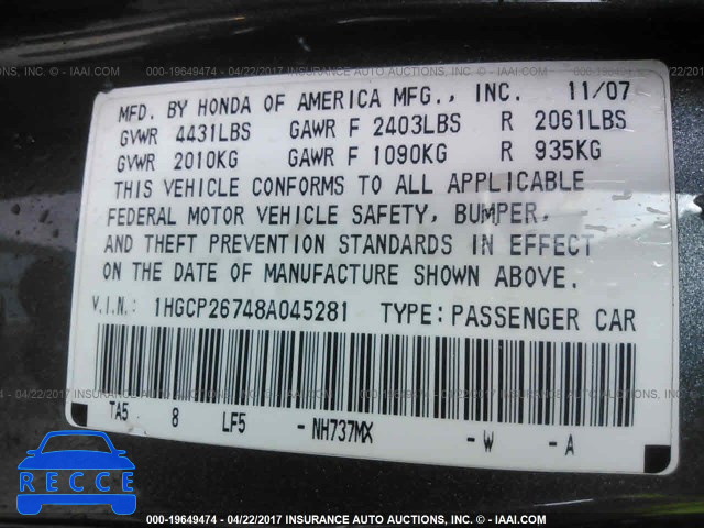 2008 HONDA ACCORD 1HGCP26748A045281 image 8