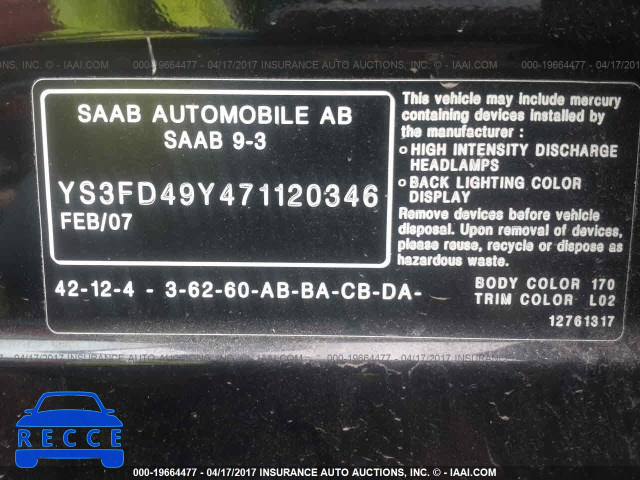 2007 Saab 9-3 2.0T YS3FD49Y471120346 зображення 8