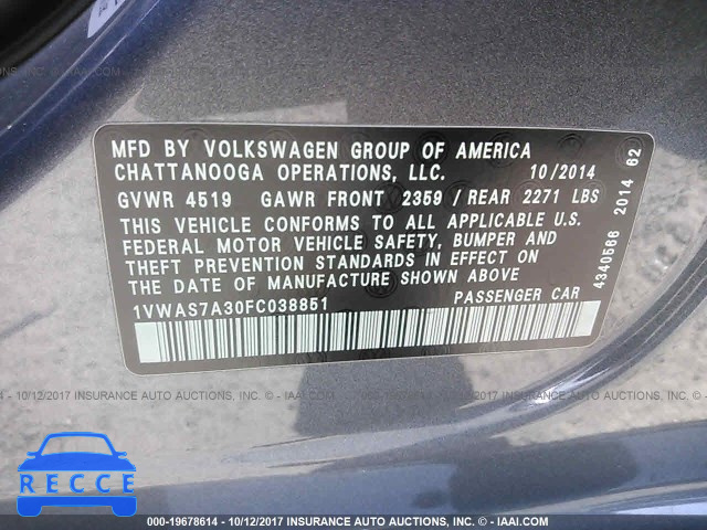 2015 Volkswagen Passat 1VWAS7A30FC038851 image 8
