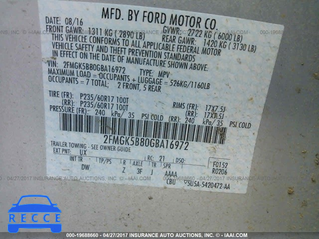 2016 Ford Flex 2FMGK5B80GBA16972 зображення 8
