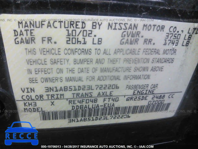 2003 Nissan Sentra SE-R SPEC V 3N1AB51D23L722206 зображення 8