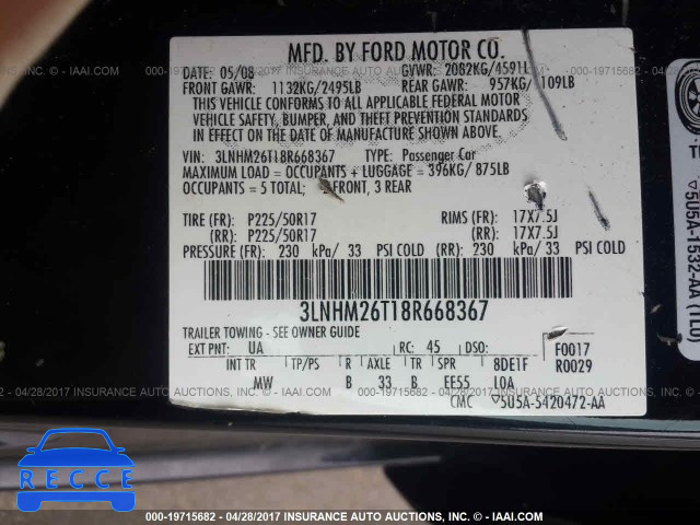 2008 Lincoln MKZ 3LNHM26T18R668367 Bild 8
