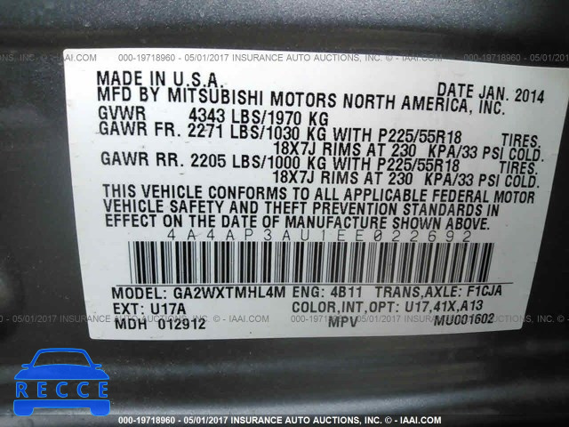 2014 Mitsubishi Outlander Sport 4A4AP3AU1EE022692 image 8