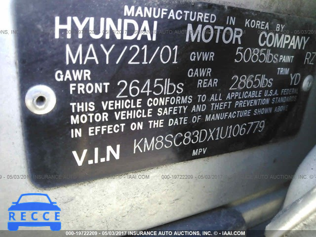 2001 Hyundai Santa Fe GLS/LX KM8SC83DX1U106779 image 8