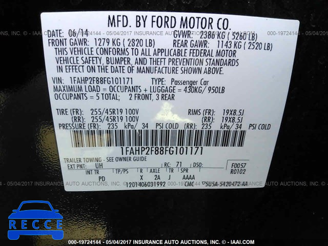 2015 Ford Taurus LIMITED 1FAHP2F88FG101171 image 8