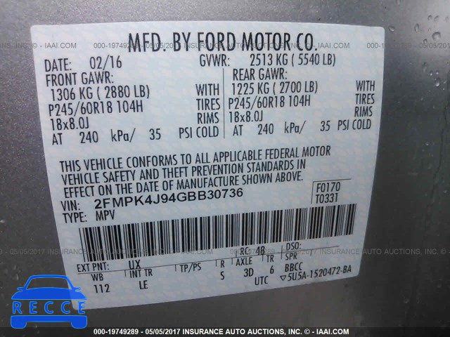 2016 Ford Edge SEL 2FMPK4J94GBB30736 зображення 8