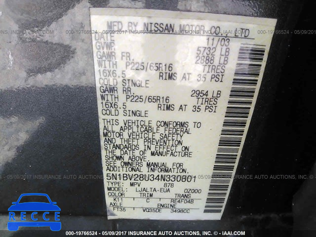 2004 Nissan Quest S/SE/SL 5N1BV28U34N330801 image 8
