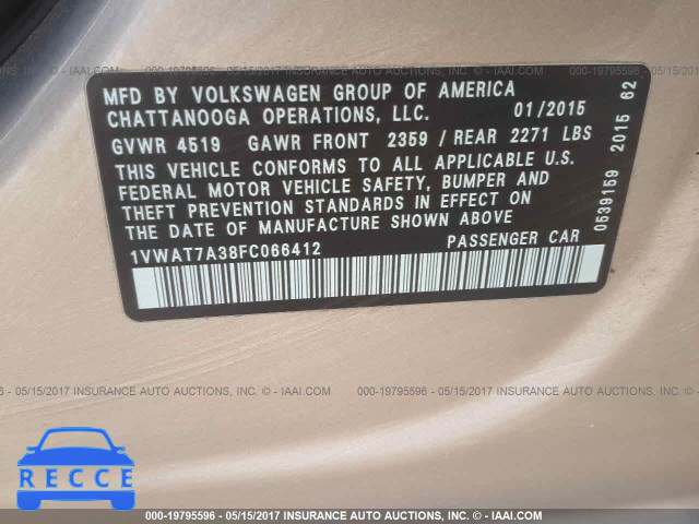 2015 VOLKSWAGEN PASSAT S 1VWAT7A38FC066412 image 8