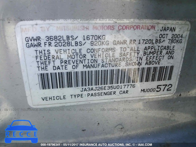2005 Mitsubishi Lancer JA3AJ26E35U017776 image 8