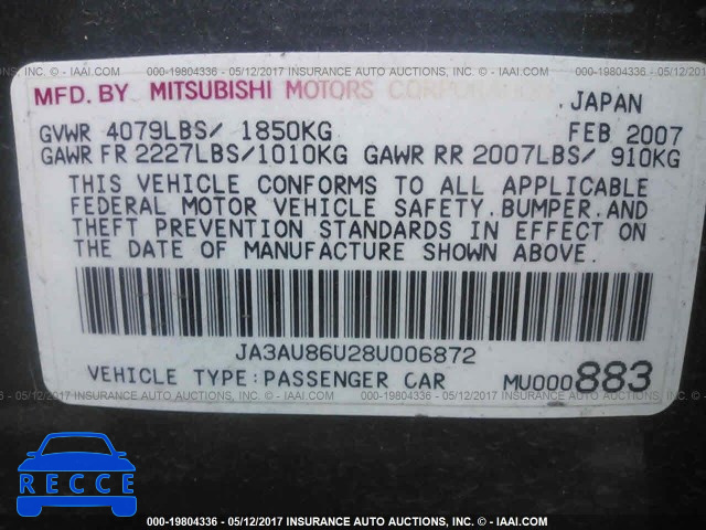 2008 Mitsubishi Lancer JA3AU86U28U006872 image 8