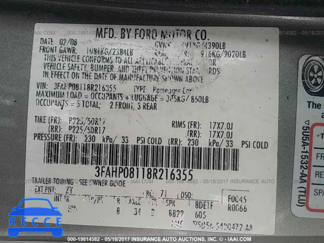 2008 Ford Fusion 3FAHP08118R216355 image 8