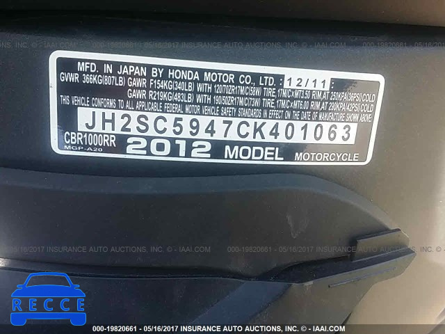 2012 Honda CBR1000 JH2SC5947CK401063 Bild 9