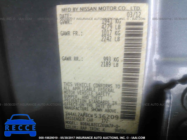 2012 Nissan Altima 1N4AL2AP8CN536209 зображення 8