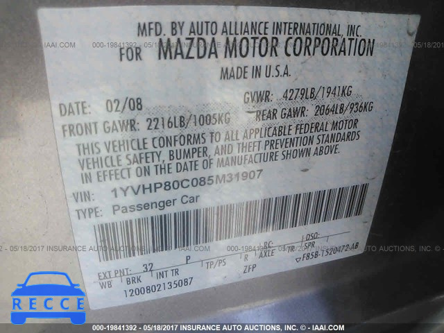 2008 Mazda 6 1YVHP80C085M31907 image 8