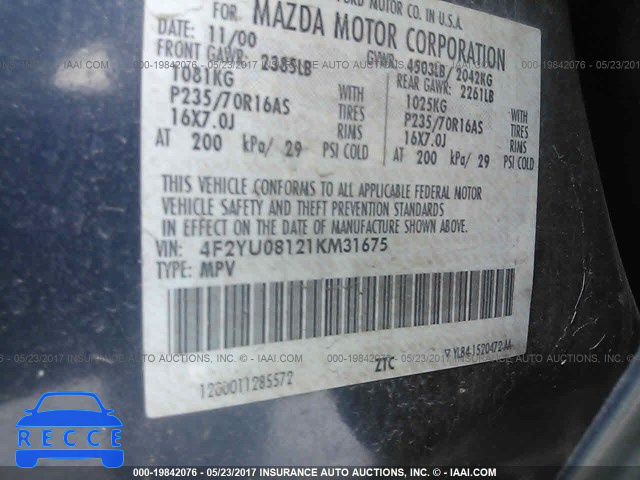 2001 Mazda Tribute LX/ES 4F2YU08121KM31675 image 8