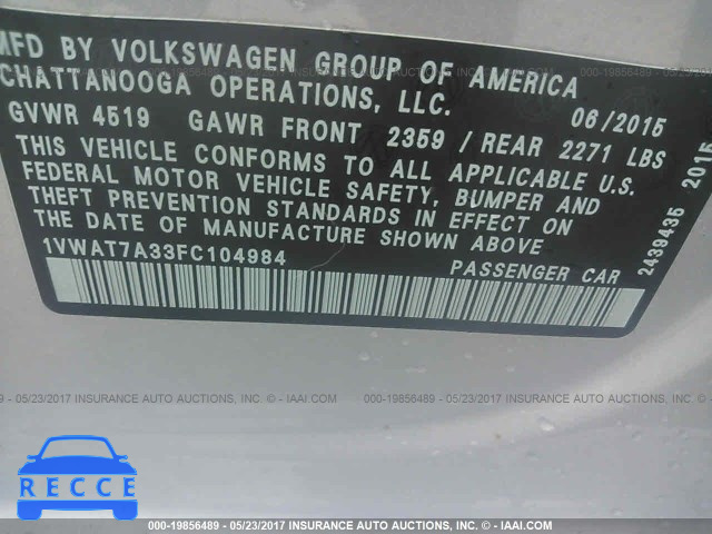 2015 Volkswagen Passat 1VWAT7A33FC104984 image 8