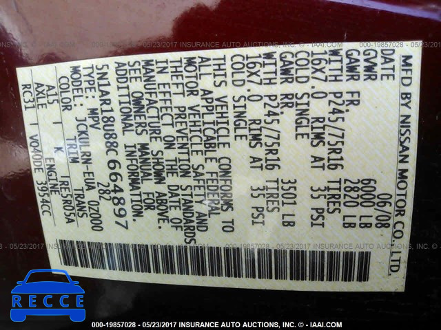 2008 Nissan Pathfinder S/LE/SE 5N1AR18U88C664897 image 8