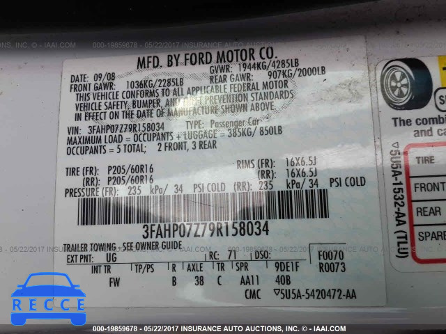 2009 Ford Fusion SE 3FAHP07Z79R158034 image 8