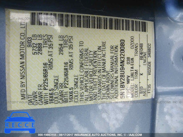 2004 NISSAN QUEST S/SE/SL 5N1BV28U94N320080 image 8