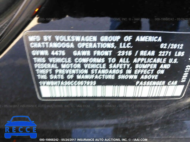 2012 Volkswagen Passat SE 1VWBH7A30CC057933 зображення 8