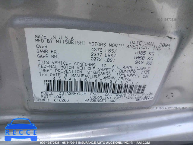 2009 Mitsubishi Galant 4A3AB36F09E001237 зображення 8