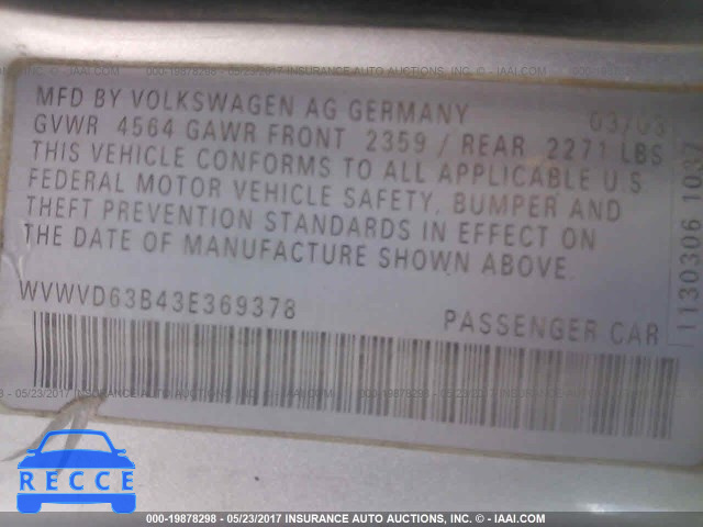 2003 Volkswagen Passat WVWVD63B43E369378 image 8