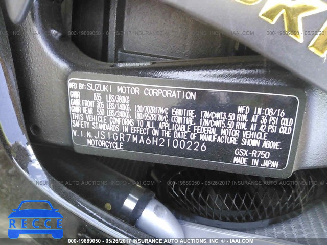 2017 SUZUKI GSX-R750 JS1GR7MA6H2100226 image 9