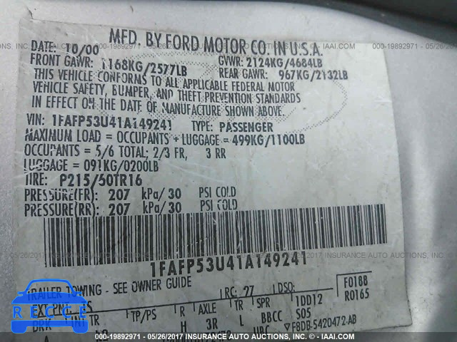 2001 Ford Taurus 1FAFP53U41A149241 image 8