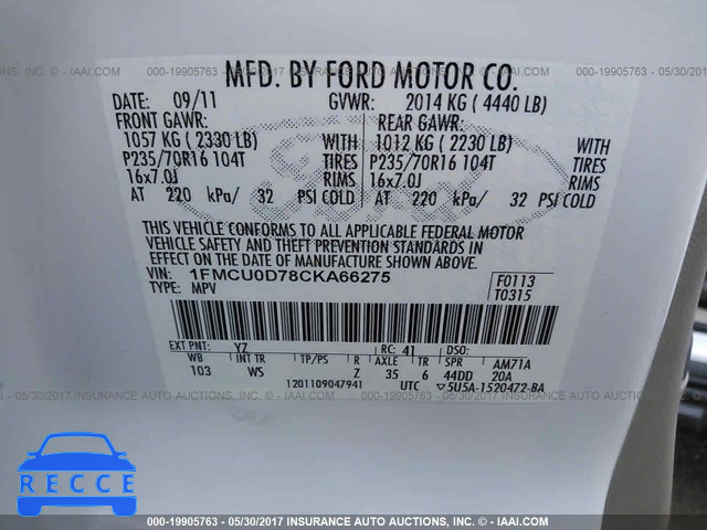 2012 Ford Escape 1FMCU0D78CKA66275 image 8