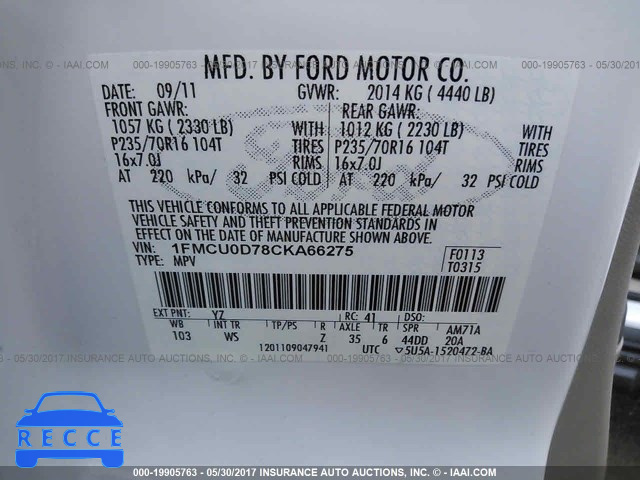 2012 Ford Escape 1FMCU0D78CKA66275 зображення 8