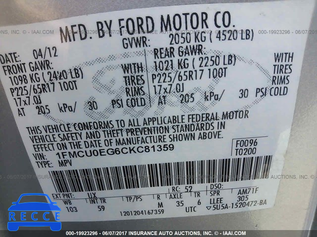 2012 Ford Escape 1FMCU0EG6CKC81359 image 8