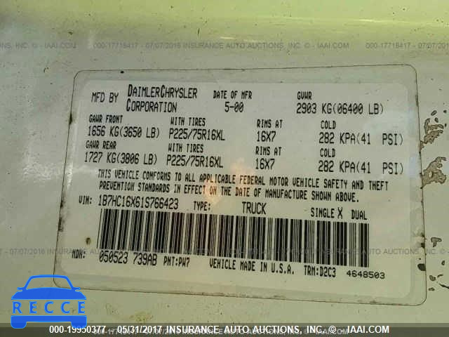 2001 Dodge RAM 1500 1B7HC16X61S766423 image 8