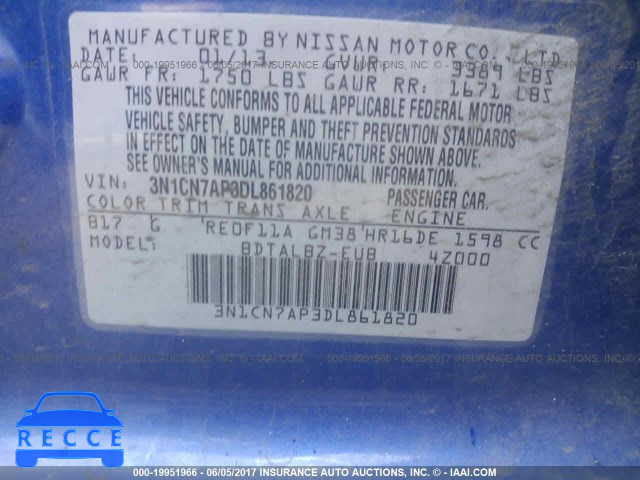 2013 Nissan Versa 3N1CN7AP3DL861820 image 8