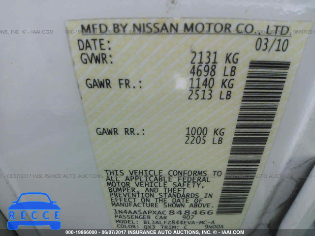 2010 Nissan Maxima S/SV 1N4AA5APXAC848466 зображення 8