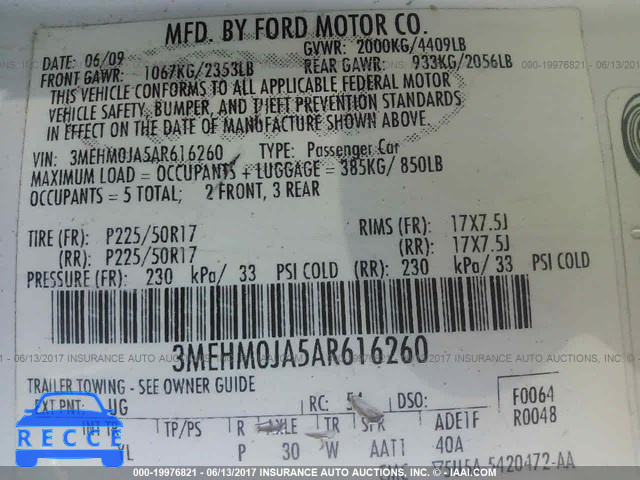 2010 Mercury Milan 3MEHM0JA5AR616260 зображення 8