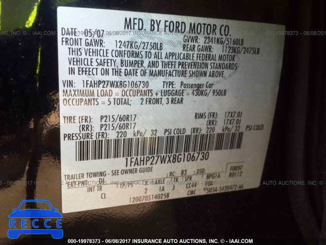 2008 FORD TAURUS 1FAHP27WX8G106730 image 8