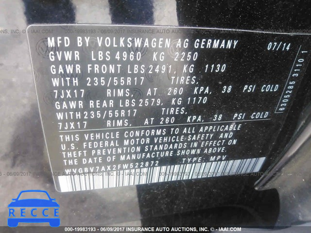 2015 Volkswagen Tiguan S/SE/SEL/R-LINE WVGBV7AX2FW522872 зображення 8