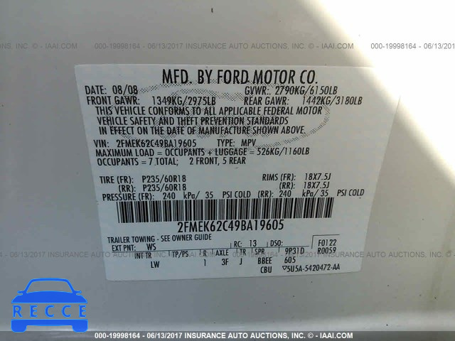 2009 Ford Flex SEL 2FMEK62C49BA19605 зображення 8