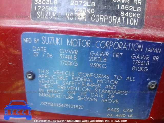 2007 Suzuki SX4 JS2YB413475101820 зображення 8