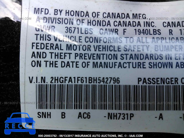 2011 Honda Civic 2HGFA1F61BH542796 image 8