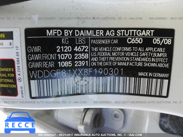 2008 Mercedes-benz C WDDGF81XX8F190301 image 8