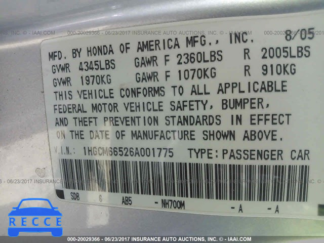 2006 Honda Accord 1HGCM66526A001775 зображення 8