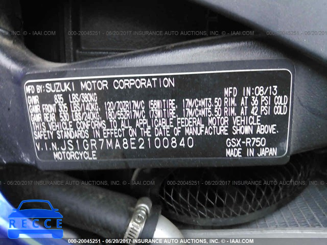 2014 Suzuki GSX-R750 JS1GR7MA8E2100840 image 9