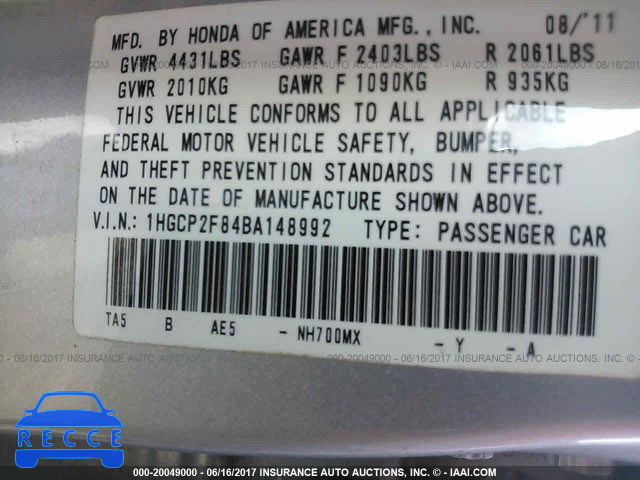 2011 Honda Accord 1HGCP2F84BA148992 image 8
